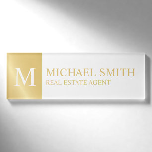 Badge D'identification Monogramme et nom personnalisés blanc et or