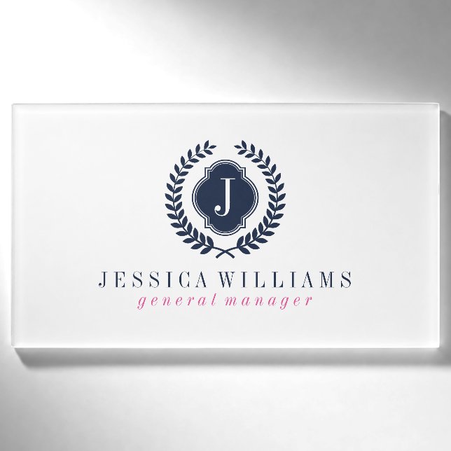 Badge D'identification Monogramme personnalisé de couronne bleue blanche  (Devant)