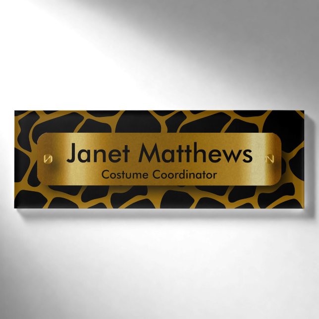 Badge D'identification Motif Gold & Black Giraffe avec plaque Étiquette G (Devant)