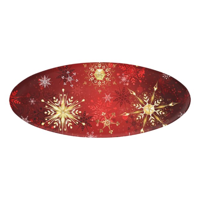 Badge D'identification Noël Golden Snowflakes sur Arrière - plan rouge (Devant)