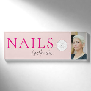 Badge D'identification Ongles Modernes Blush Rose Écriture Logo Photo Sty