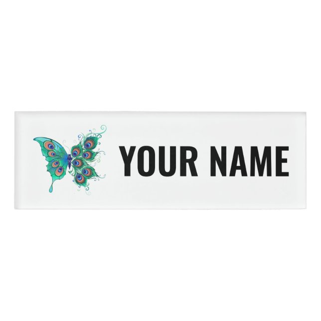 Badge D'identification Papillon aux plumes de paon vert (Devant)