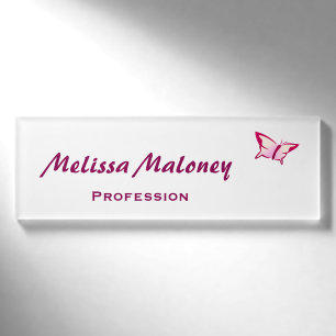 Badge D'identification Papillon rose blanc