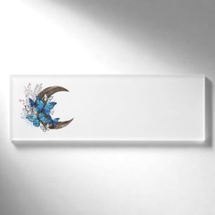 Badge D'identification Papillons bleus sur croissant en bois