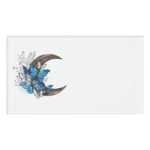 Badge D'identification Papillons bleus sur croissant en bois