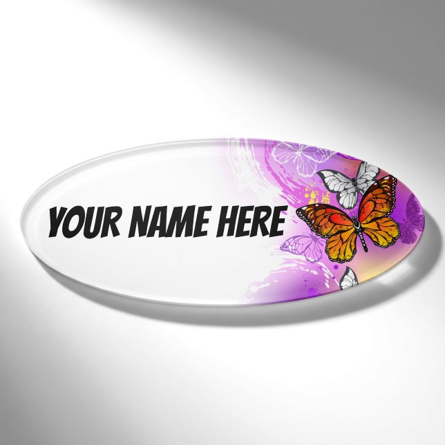 Badge D'identification Papillons Monarque sur Arrière - plan pourpre (Devant)