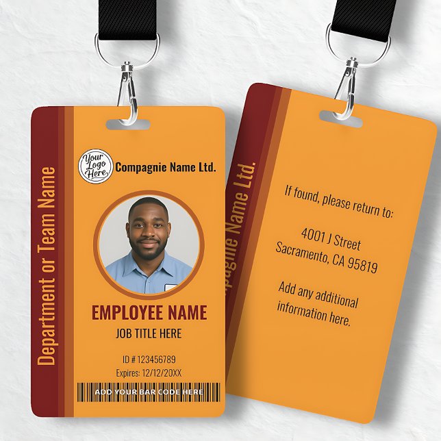 Badge d'identification personnalisable de société  (Orange Customizable Company ID Badge with Photo)