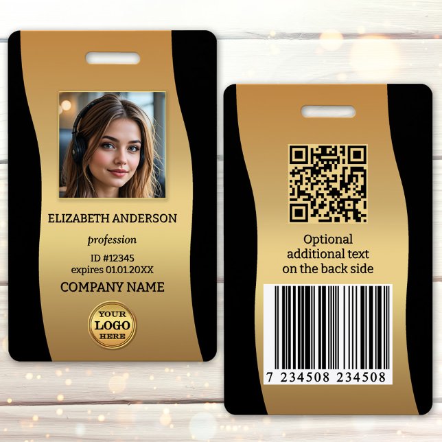Badge d'identification photo élégant or et noir (Elegant black and gold design employee photo badge with your custom photo and logo)