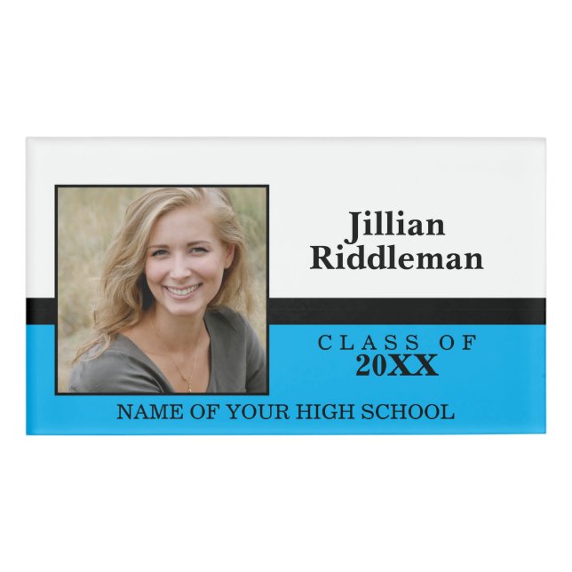 Badge D'identification Photo School Reunion - Bleu bébé, noir et blanc (Devant)