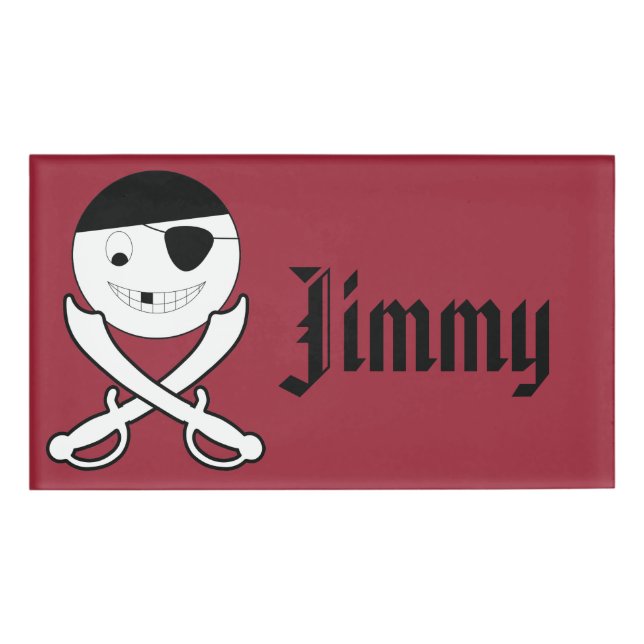 Badge D'identification Pirate souriant avec épées croisées sur rouge (Devant)