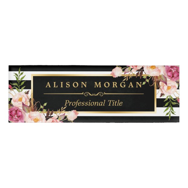 Badge D'identification Rayures blanches noires de emballage florales (Devant)