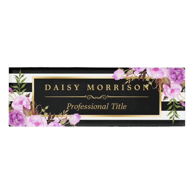 Badge D'identification Rayures florales pourpres chiques de blanc de noir (Devant)
