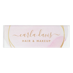 Badge D'identification Rose Pâle Aquarelle Cercle Doré Écriture Signature