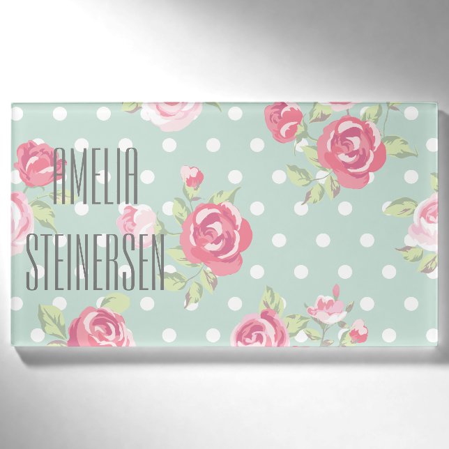 Badge D'identification roses vert clair et roses, chic minable, motif, (Devant)