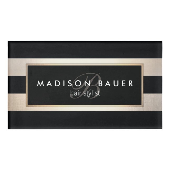 Badge D'identification Salon de beauté en or noir rayé (Devant)