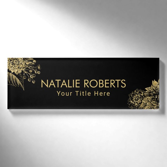 Badge D'identification Salon de coiffure floral de maquilleur d'or noir (Devant)