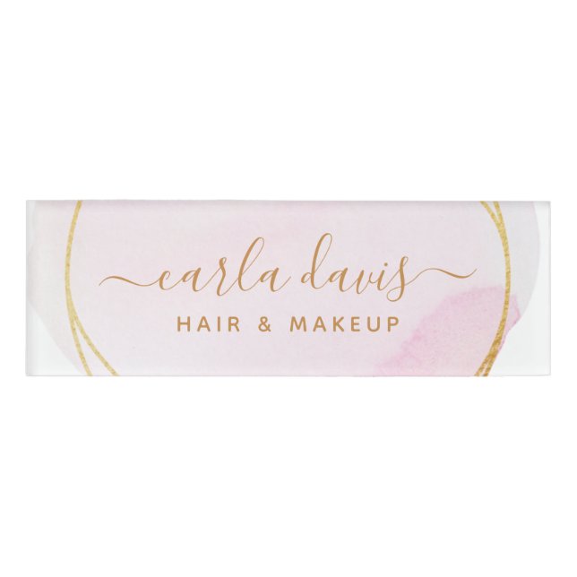 Badge D'identification Signature Script Blush Pink Aquarelle Or Cercle (Devant)