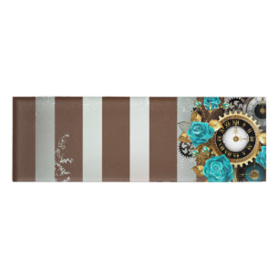 Badge D'identification Steampunk Clock and Turquoise Roses on Striped