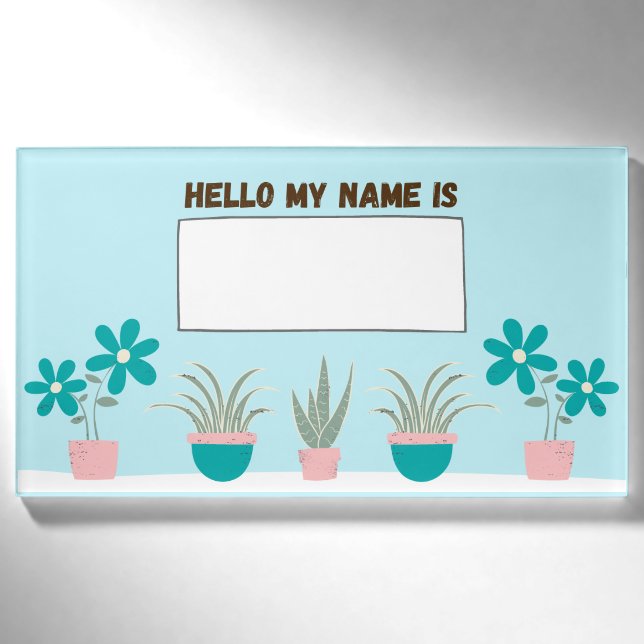 Badge D'identification Succulents et fleurs turquoises (Devant)