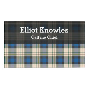 Badge D'identification Tartan plaids motif - beige bleu traditionnel