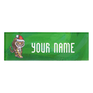 Badge D'identification Tigre mignon à Santa Chapeau en vert
