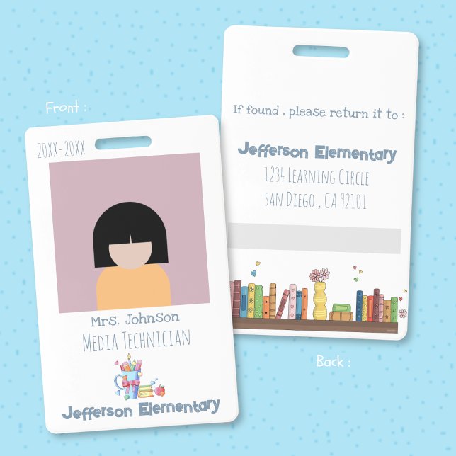 Badge d'identification vertical blanc pour bibliot (School librarian vertical white photo ID badge . )