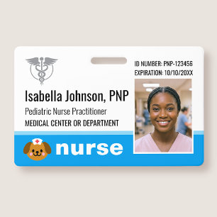 Badge d'infirmière Photo Logo Chien Bleu Pédiatriq