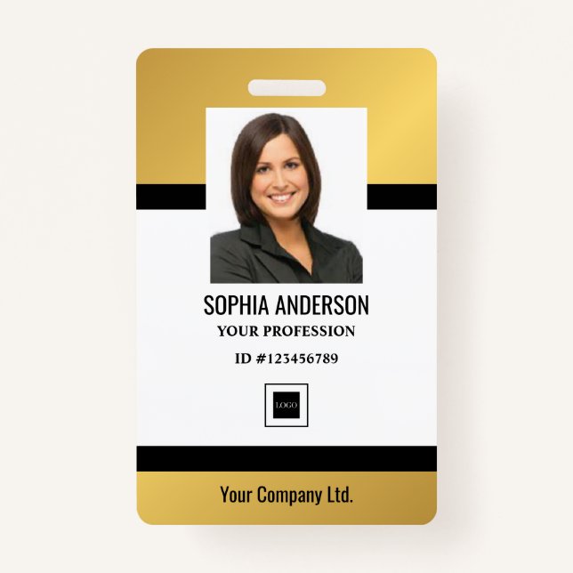 Badge Dorée | Photo personnalisée de l'employé, Code bar (Devant)