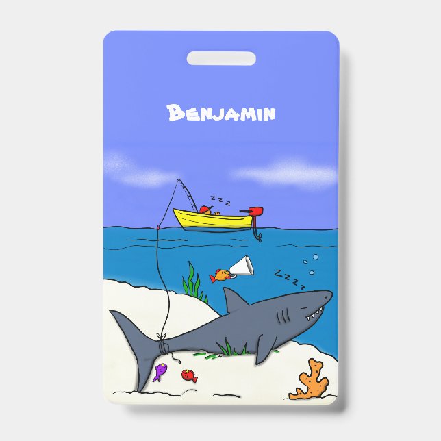 Badge Drôle requin couché et dessin animé de pêche (Avant)