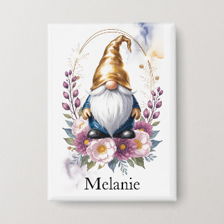 Badge Elegant Golden Gnome in Floral Bouquet