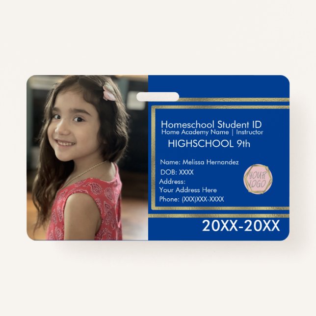 Badge Élégant Homeschooling School ID Blue Gold Logo (Devant)