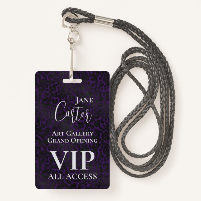 Badge Élégant Léopard noir violet VIP All Access Pass (Devant avec lanière)