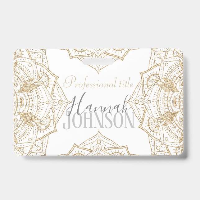 Badge Elégant Mandala Blanc & Or Dessiné À La Main (Front)