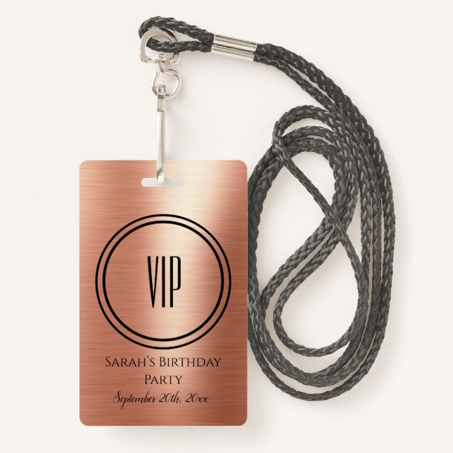 Badge Elégant Rose Gold Black Anniversaire Partie VIP Ac (Devant avec lanière)