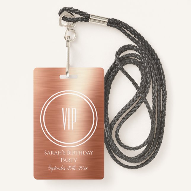 Badge Élégant Rose Gold Foil Anniversaire de fête VIP Ac (Devant avec lanière)