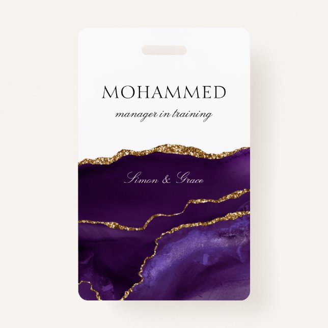 Badge Élégant Script d'agate violet Employé personnalisé (Devant)