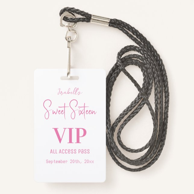 Badge Élégant Sweet sixteen de script blanc Invitation V (Devant avec lanière)