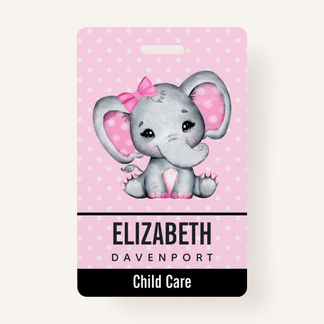 Badge Eléphant de bébé rose mignon avec oreilles Poka Do (Devant)