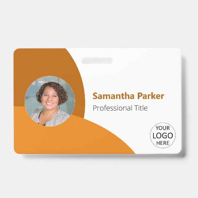 Badge employé orange personnalisé avec photo, logo (Avant)