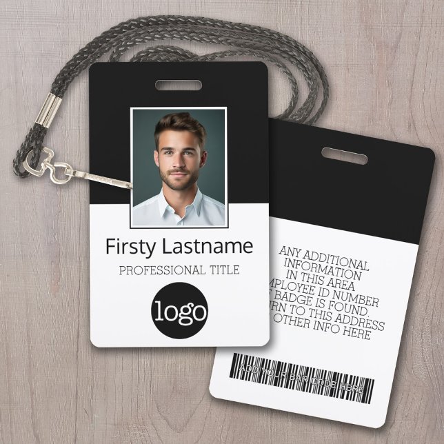 Badge Employé Personnalisé - Photo, Code Barre, Logo, No (Black and White Employee Badge - You can change the colors in the custom edit area)