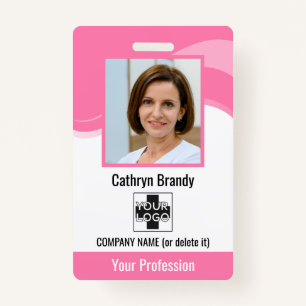 Badge Employé personnalisé rose, photo, code à barres et
