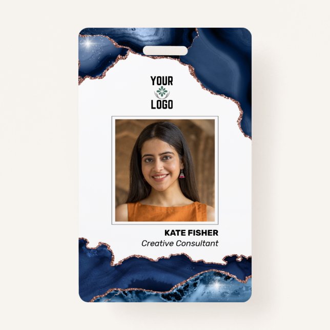 Badge Employé Photo Moderne Marine Bleu Rose Or Agate (Devant)