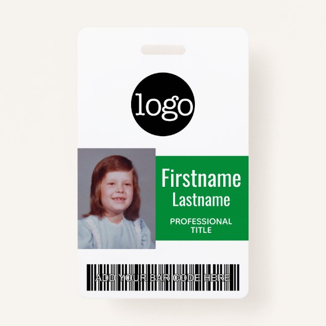Badge Employé vert - Photo, Code à barres, Logo, ID de n (Devant)