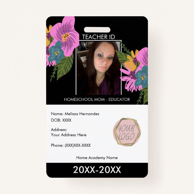 Badge Enseignant Ménage à l'école Maman ID Floral (Devant)