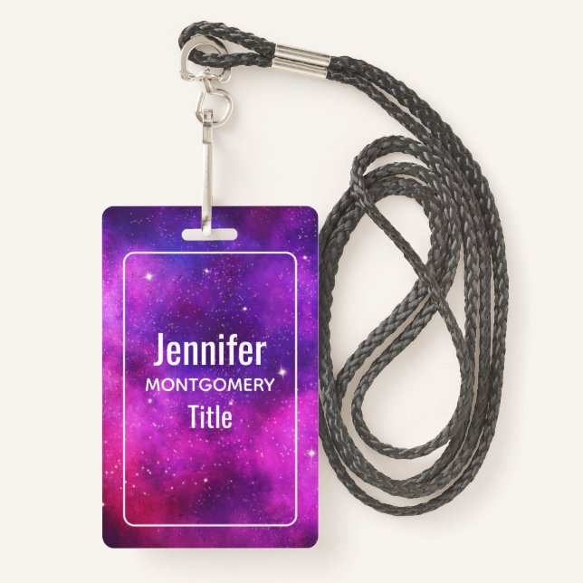 Badge Espace rose & violet & Étoiles Faux Galaxy (Devant avec lanière)