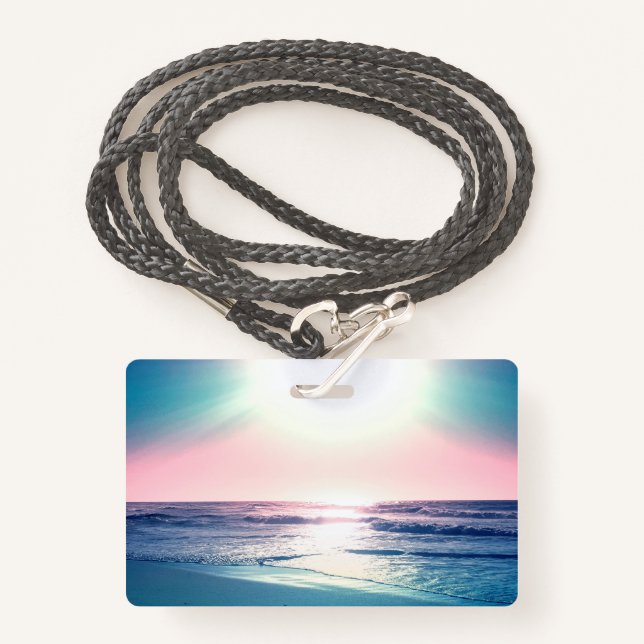 Badge Eté Mer coucher de soleil Plage tropicale Photo (Devant avec lanière)