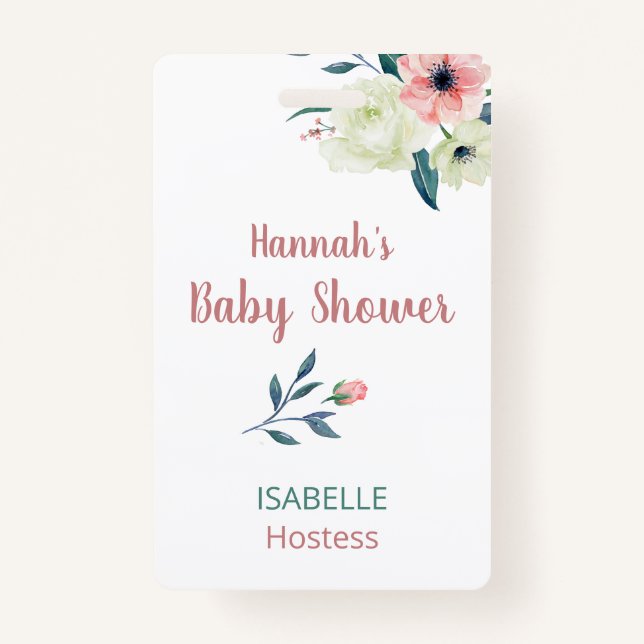 Badge Étiquette baby shower rose Floral Hostals or Guest (Devant)