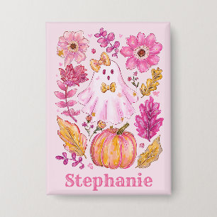 Badge Fantôme de Halloween rose pastel avec nom personna
