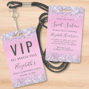 Badge Fête d'anniversaire Sweet 16 passe VIP rose paille
