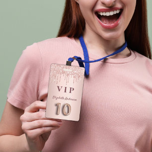 Badge Fête des 10 ans rose gold pailleté VIP rose